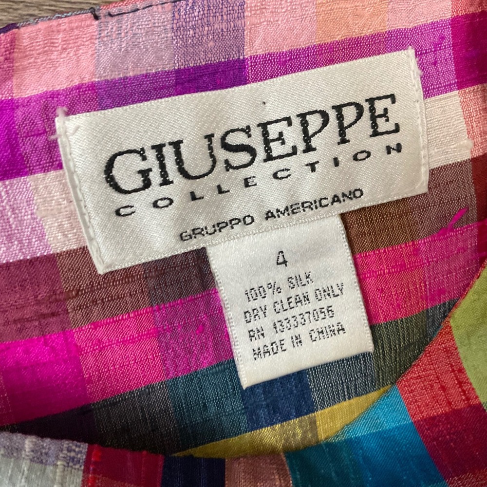 VTG Giuseppe Collection 100% Silk Madras Plaid Sheath Dress 4 Rainbow Lined - Picture 3 of 7